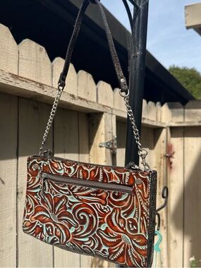 Tooled Floral Leather Crossbody Bag in Brown & Turquoise